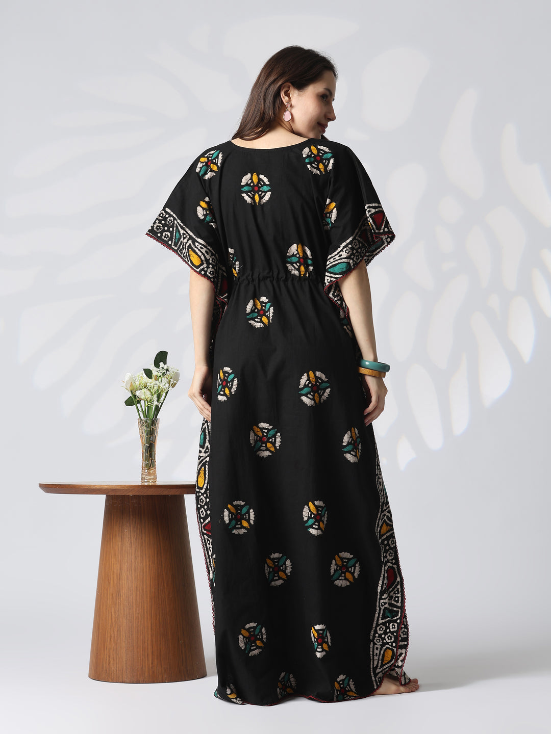 Black batik cotton kaftan nighty for women online
