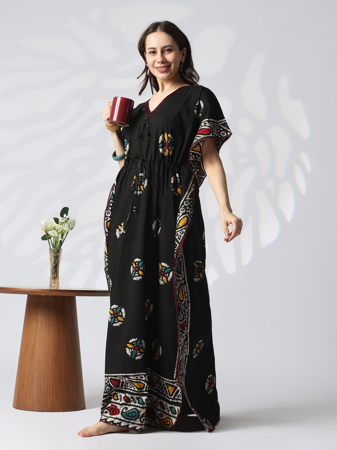Black batik cotton kaftan nighty for women online