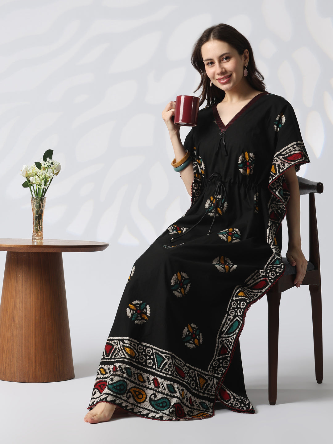 Black batik cotton kaftan nighty for women online