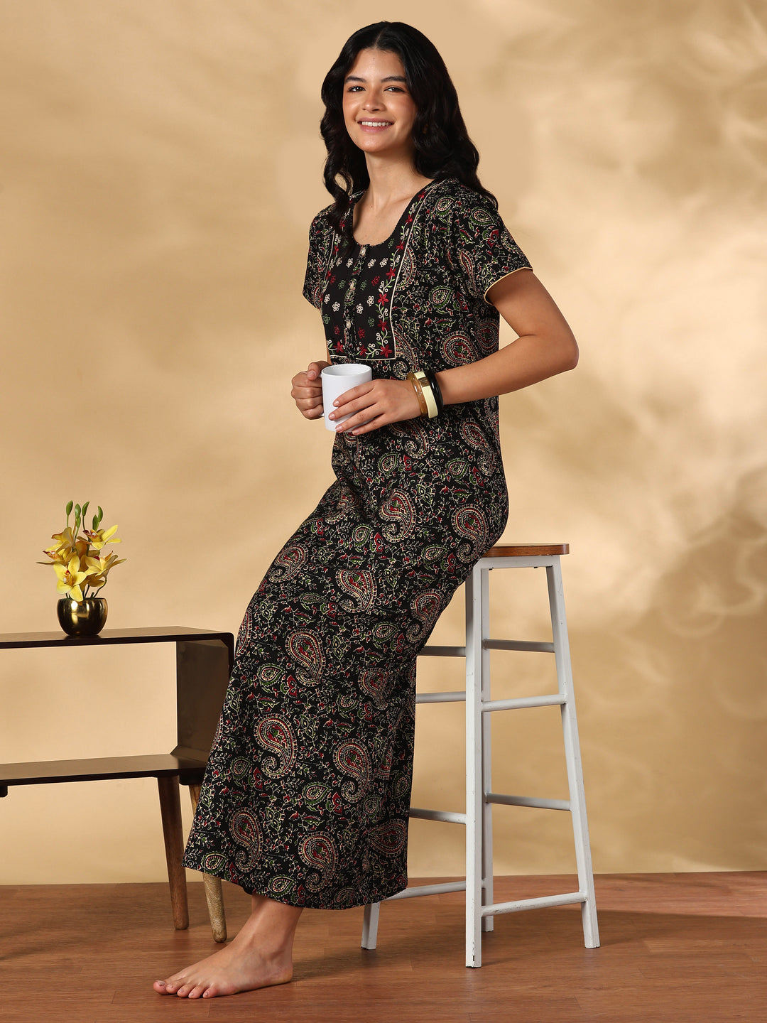 Black paisley print cotton designer nighty for women