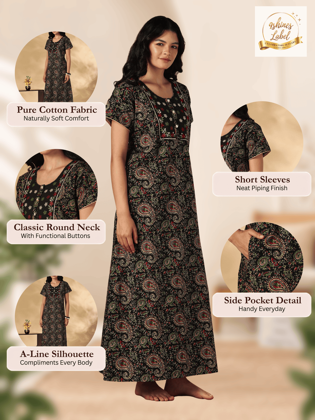 Black paisley print cotton designer nighty for women