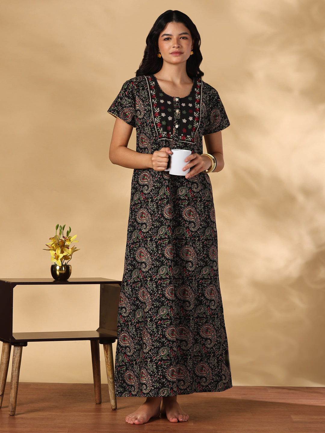 Black paisley print cotton designer nighty for women