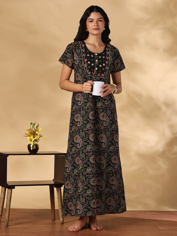 Black paisley print cotton designer nighty for women