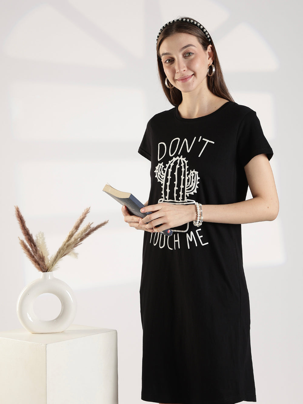 Black cotton knee length short night dress for women