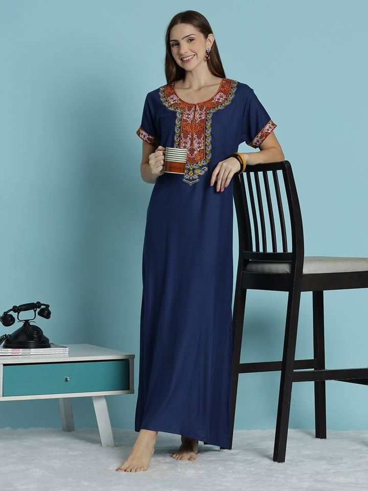 Heritage style blue alpine embroidered nighty for women