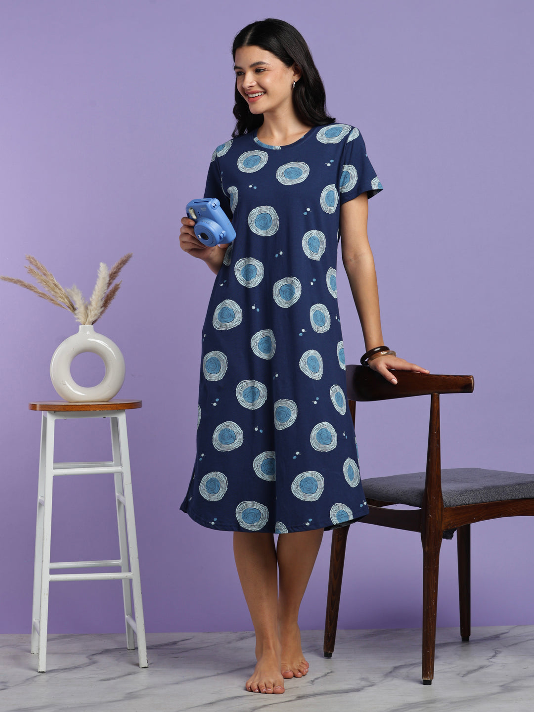 Blue circle cotton knee length nighty for women online