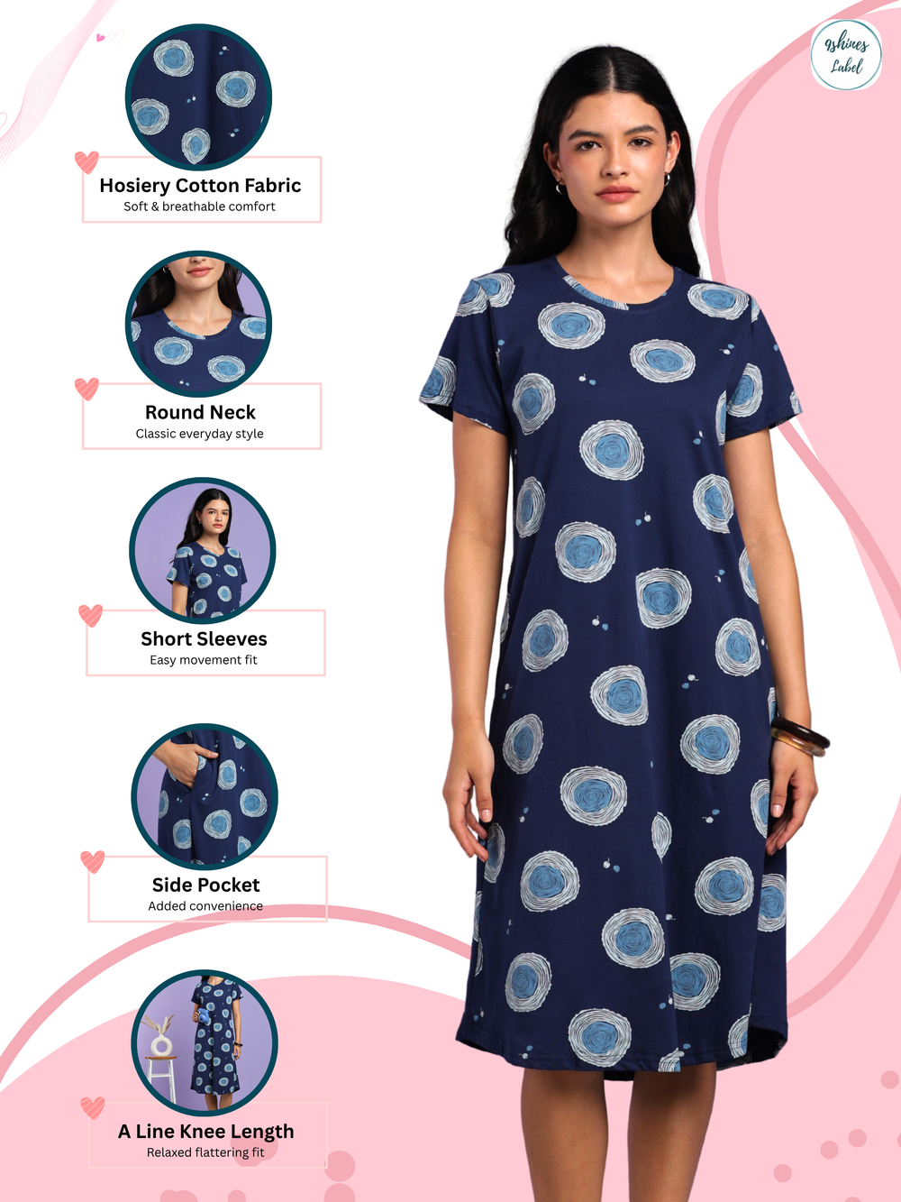 Blue circle cotton knee length nighty for women online