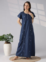 Denim Elegant Round Neck Nightdress with Wave Stitch Embroidery