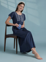 Classic Denim Front Button Nighty with Rose Embroidery