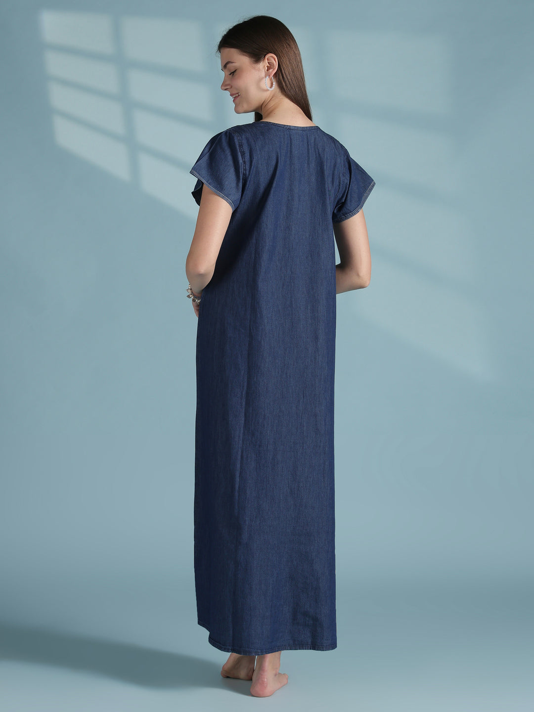 Blue classic denim embroidery nighty dress for women
