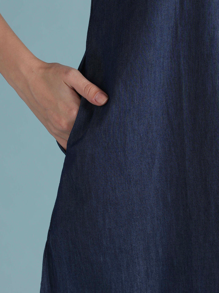 Blue classic denim embroidery nighty dress for women