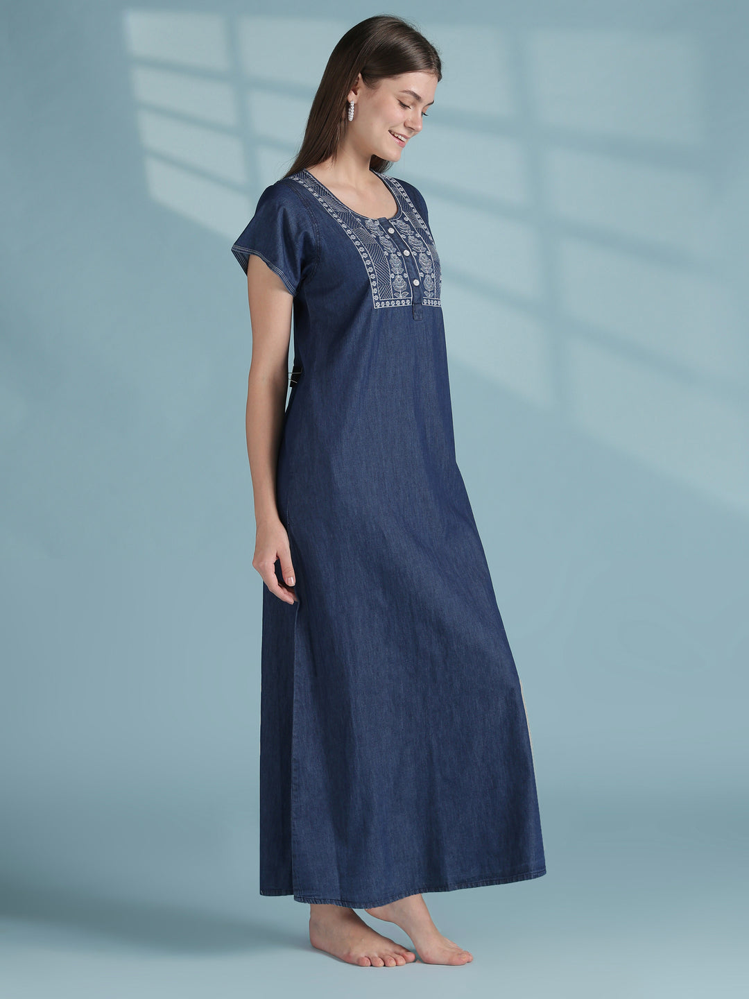 Blue classic denim embroidery nighty dress for women