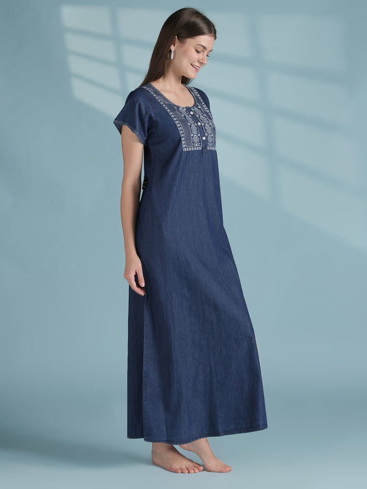 Blue classic denim embroidery nighty dress for women
