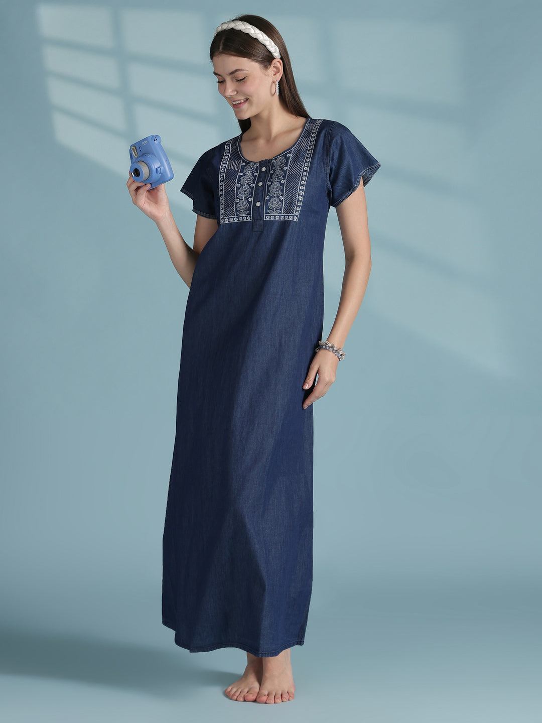Blue classic denim embroidery nighty dress for women