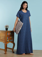 Denim Vine Cotton Blend Nightdress for Women with Floral Embroidery
