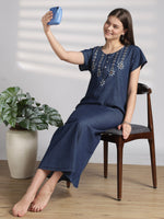 Round Neck Star Tassel Embroidered Designer Nighty Dark Blue