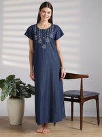 Round Neck Star Tassel Embroidered Designer Nighty Dark Blue