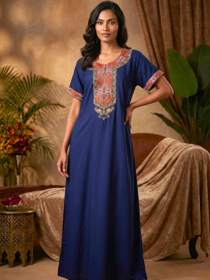 Heritage style blue alpine embroidered nighty for women
