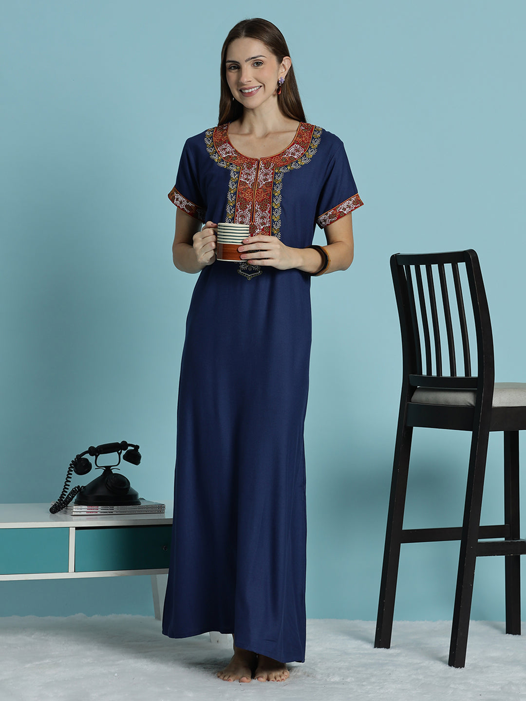 Heritage style blue alpine embroidered nighty for women