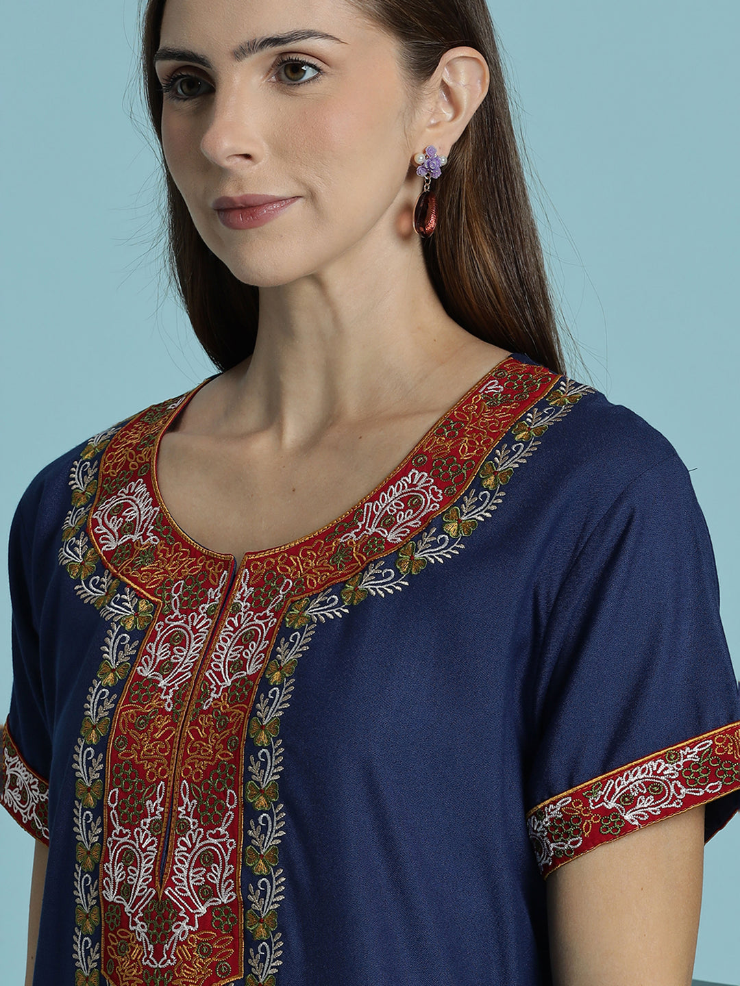 Heritage style blue alpine embroidered nighty for women