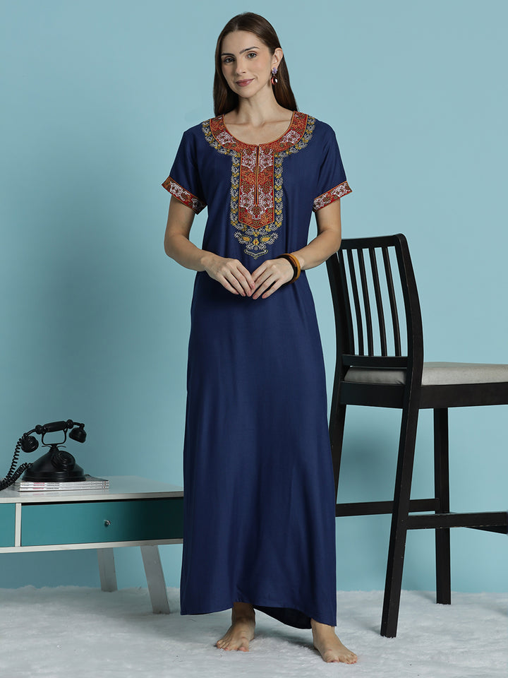 Raatrani Heritage Blue Alpine Embroidered A Line Nighty for Women