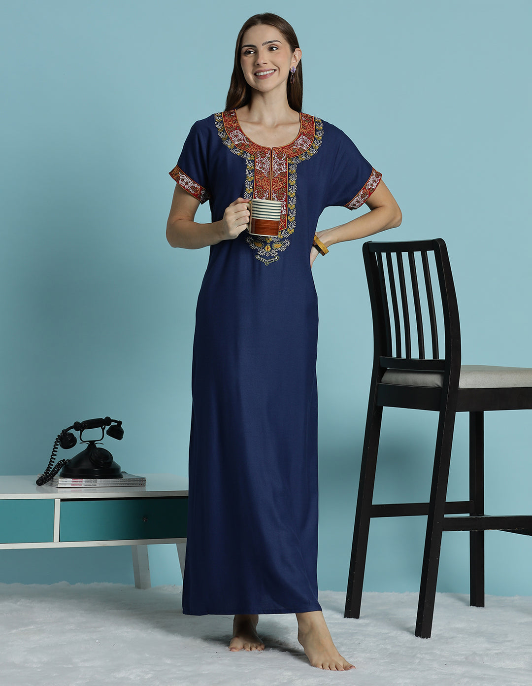Heritage style blue alpine embroidered nighty for women