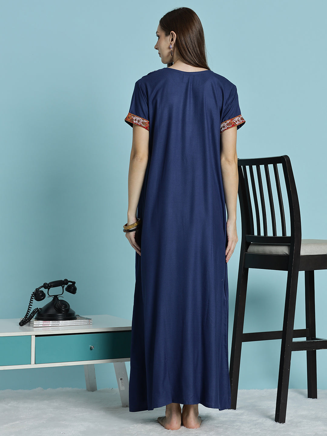 Heritage style blue alpine embroidered nighty for women