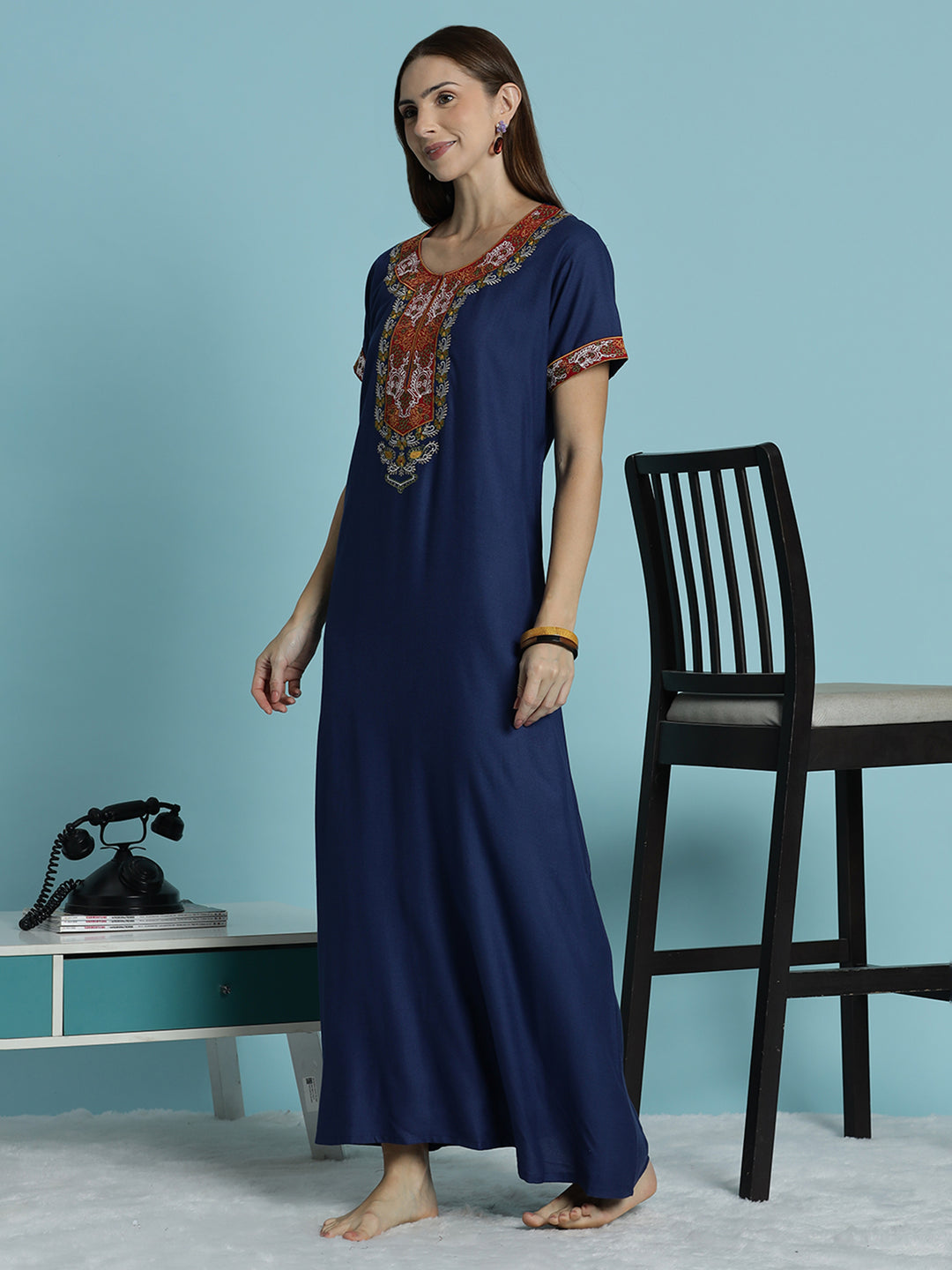 Heritage style blue alpine embroidered nighty for women