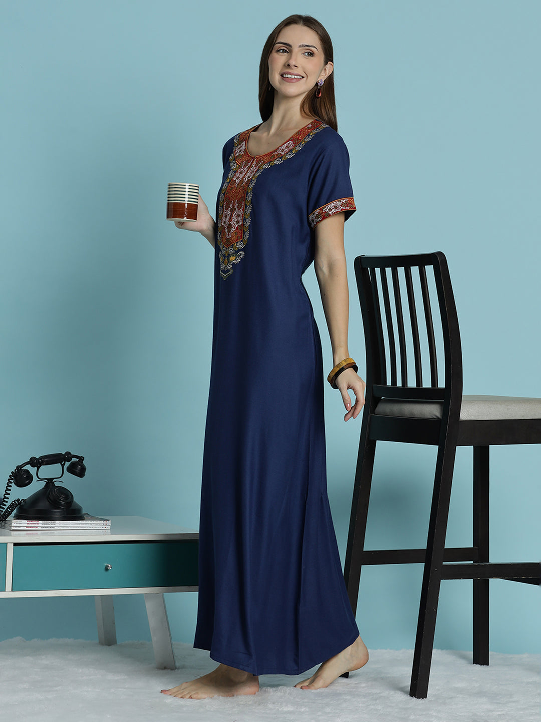 Heritage style blue alpine embroidered nighty for women