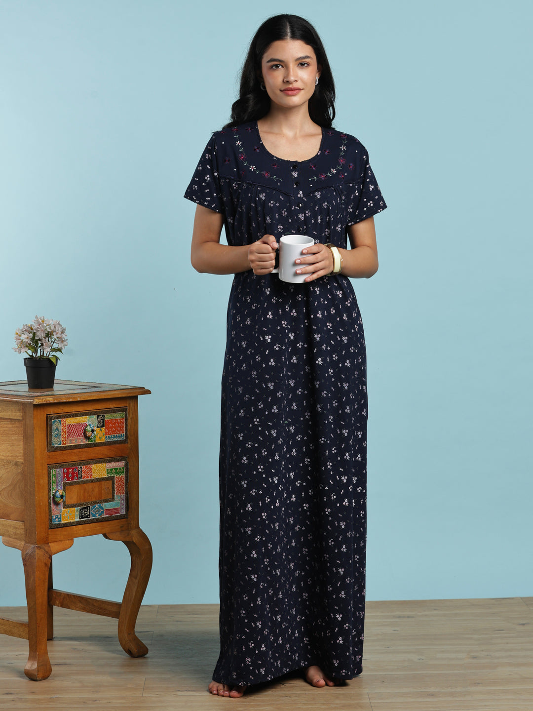 Blue floral cotton blend nightydress for women online