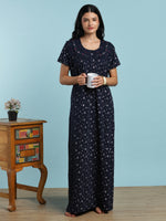 Blue Floral Cotton Blend Nightdress for Women with Pleated Fit