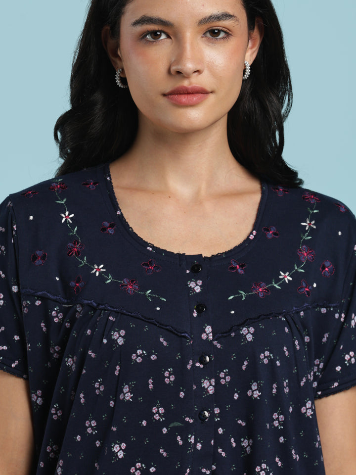 Blue floral cotton blend nightydress for women online