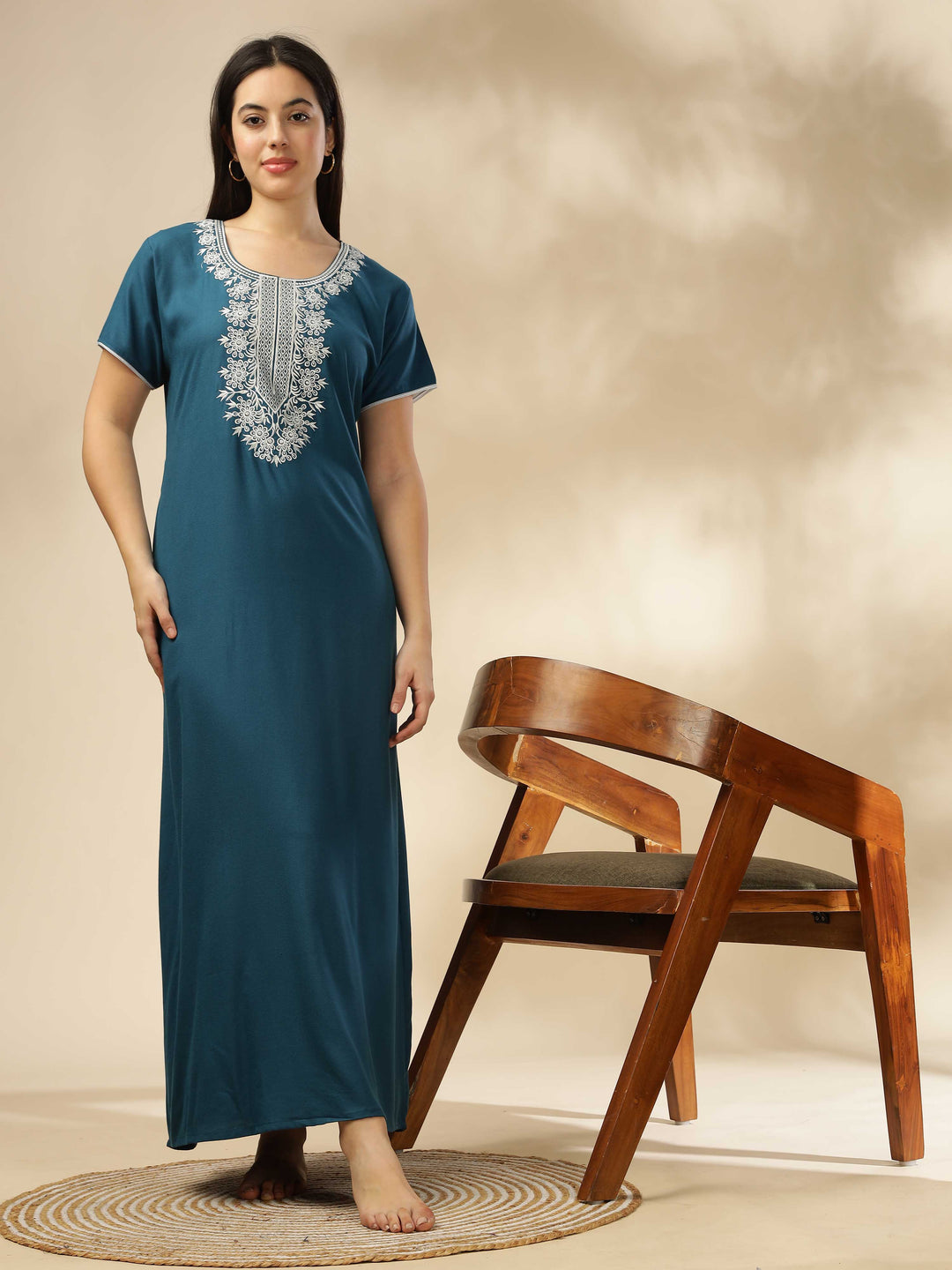 Blue a-line modern nightgown for women with embroidery
