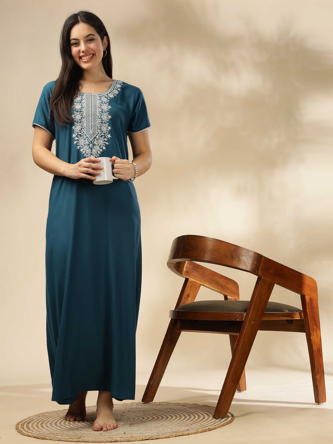 Blue a-line modern nightgown for women with embroidery