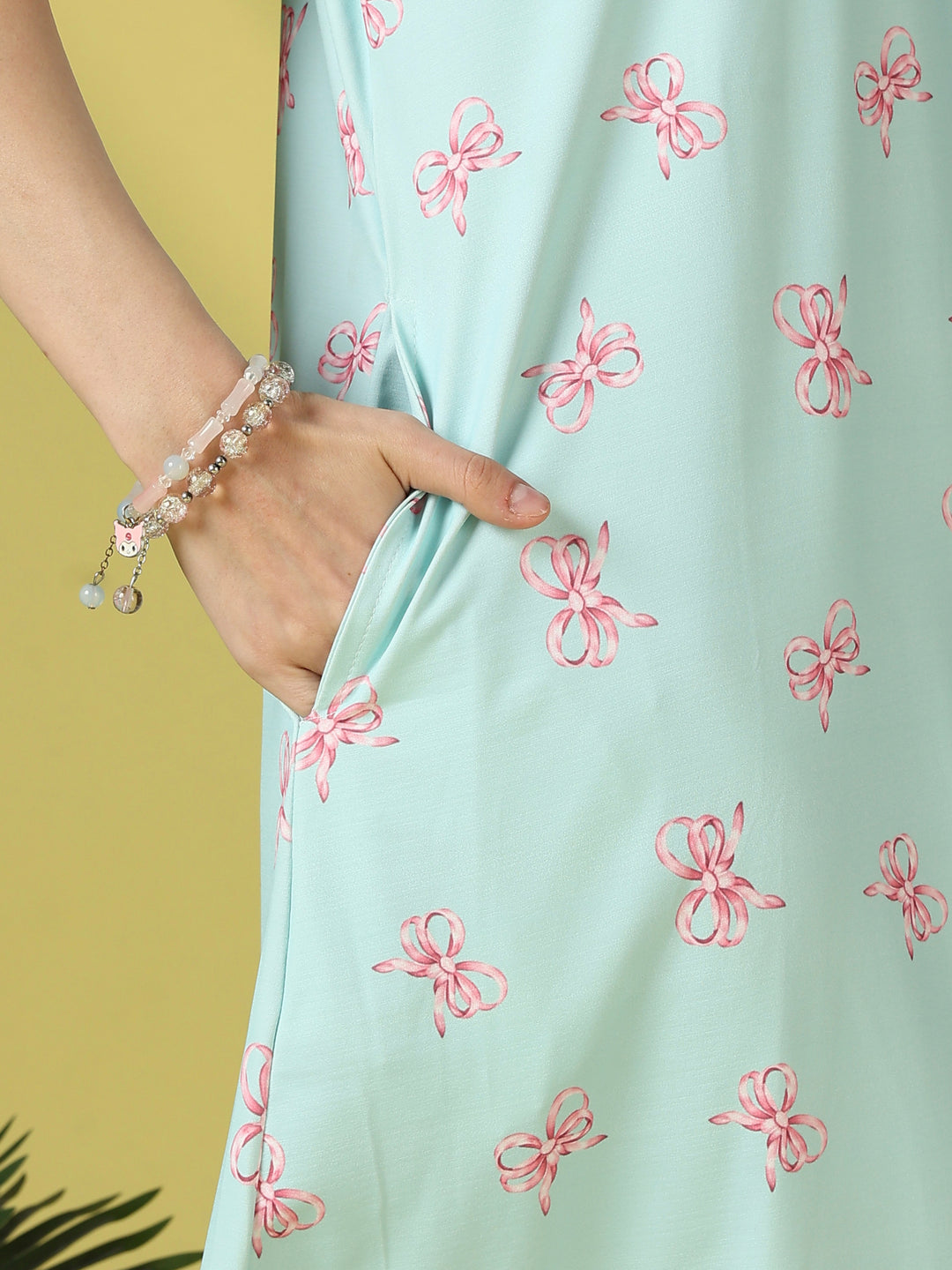 Tiffany blue bow print short nighty dress for women