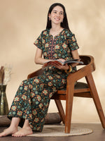 Pure Cotton Green Floral Nighty for Women Relaxed Fit
