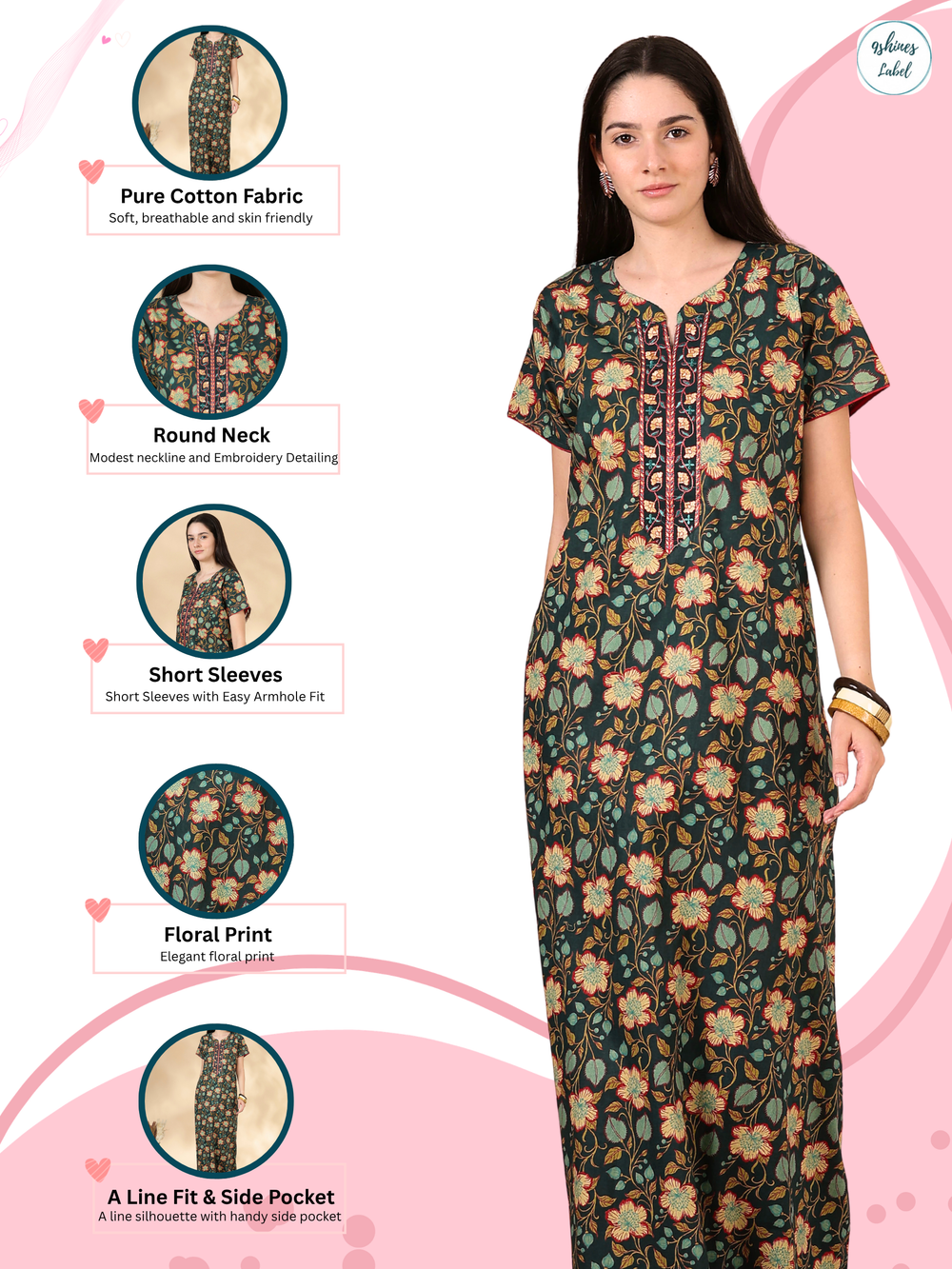 Green floral branded pure cotton nighty for women