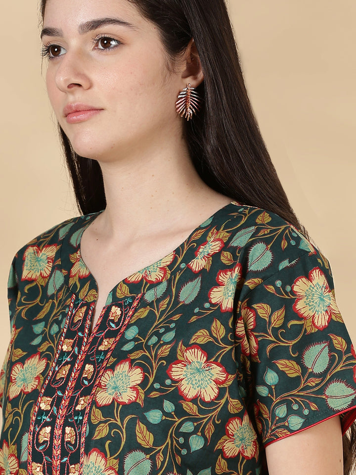 Green floral branded pure cotton nighty for women
