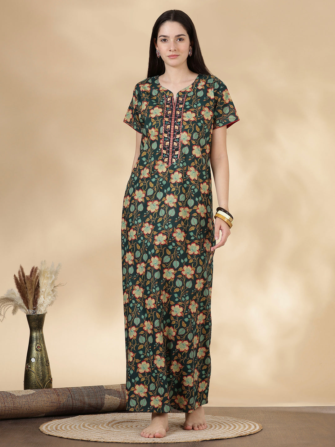 Green floral branded pure cotton nighty for women