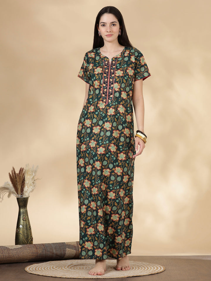 Green floral branded pure cotton nighty for women