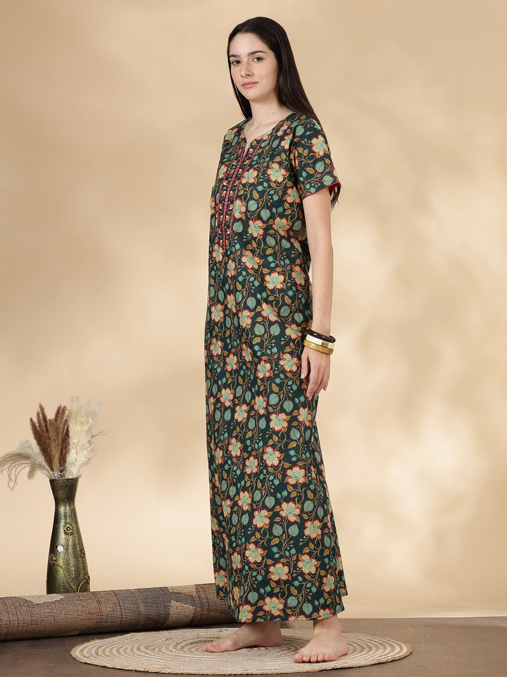 Green floral branded pure cotton nighty for women
