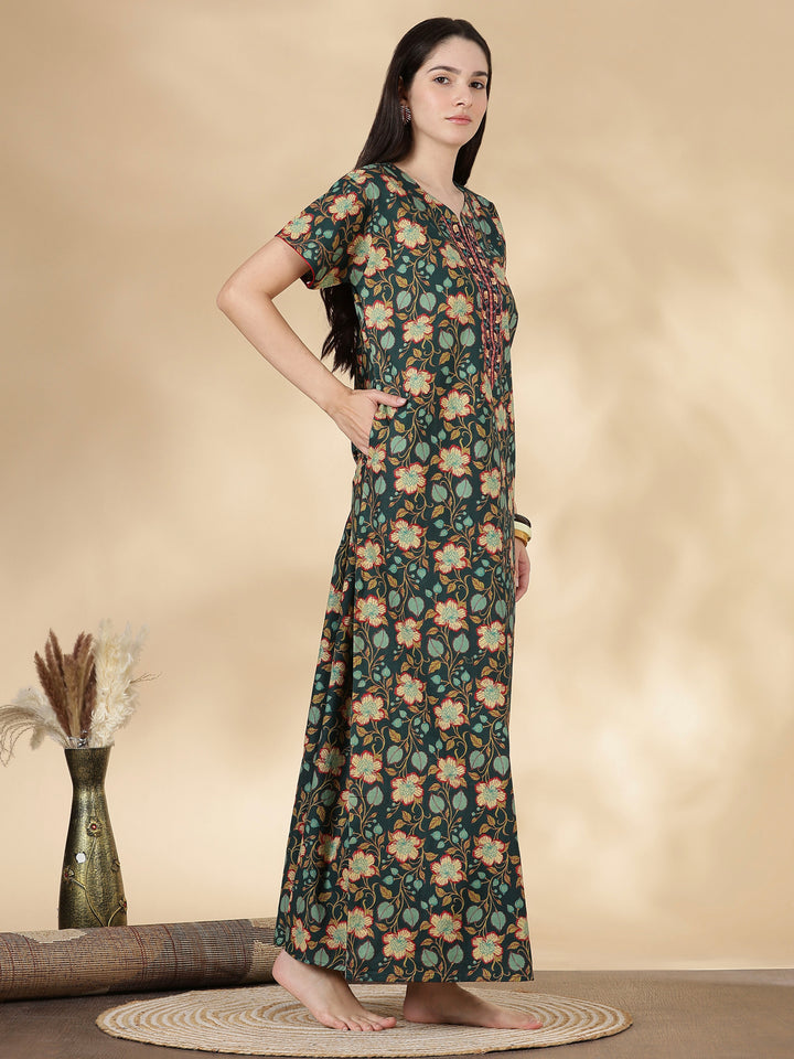 Green floral branded pure cotton nighty for women