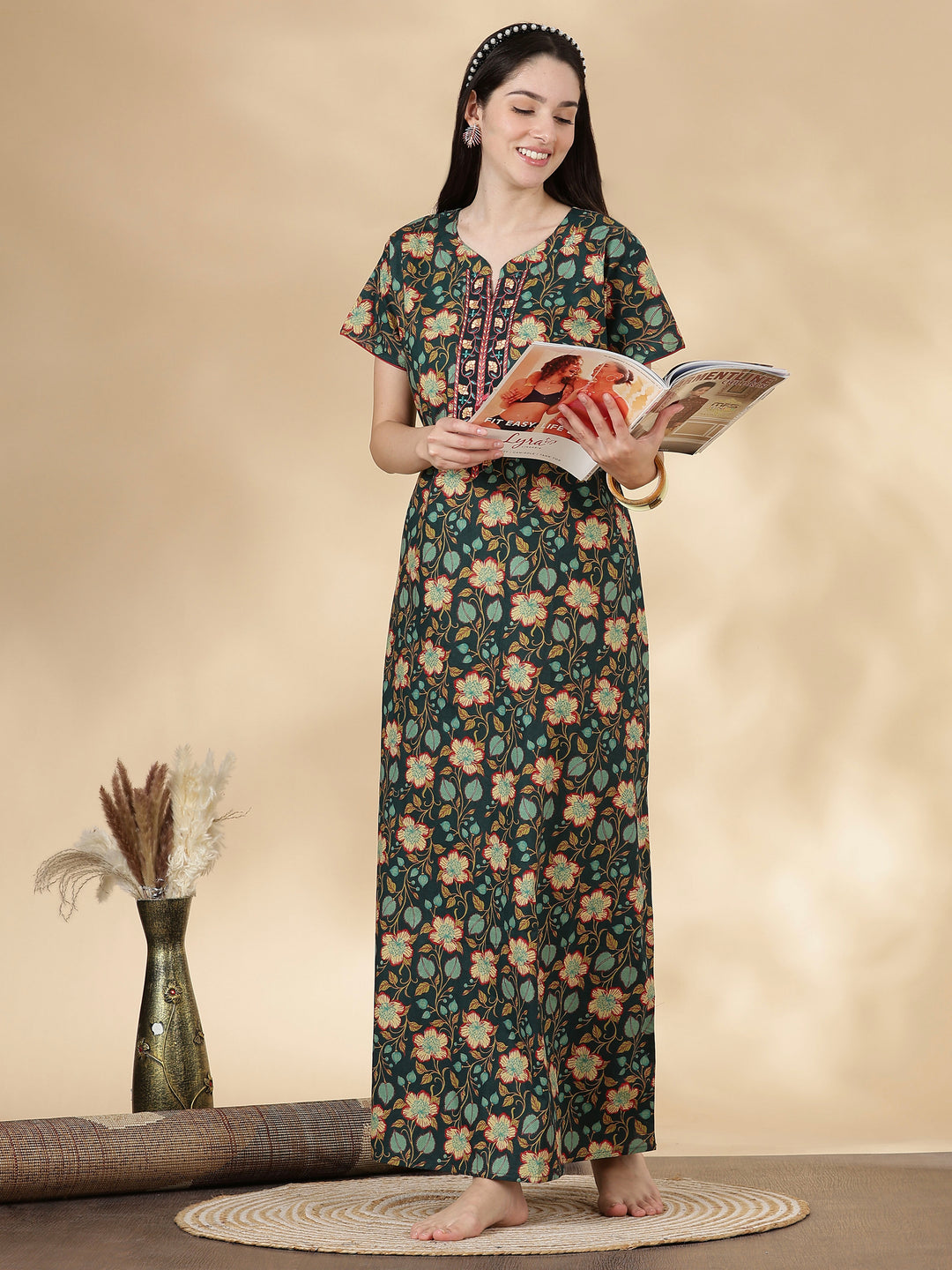 Green floral branded pure cotton nighty for women