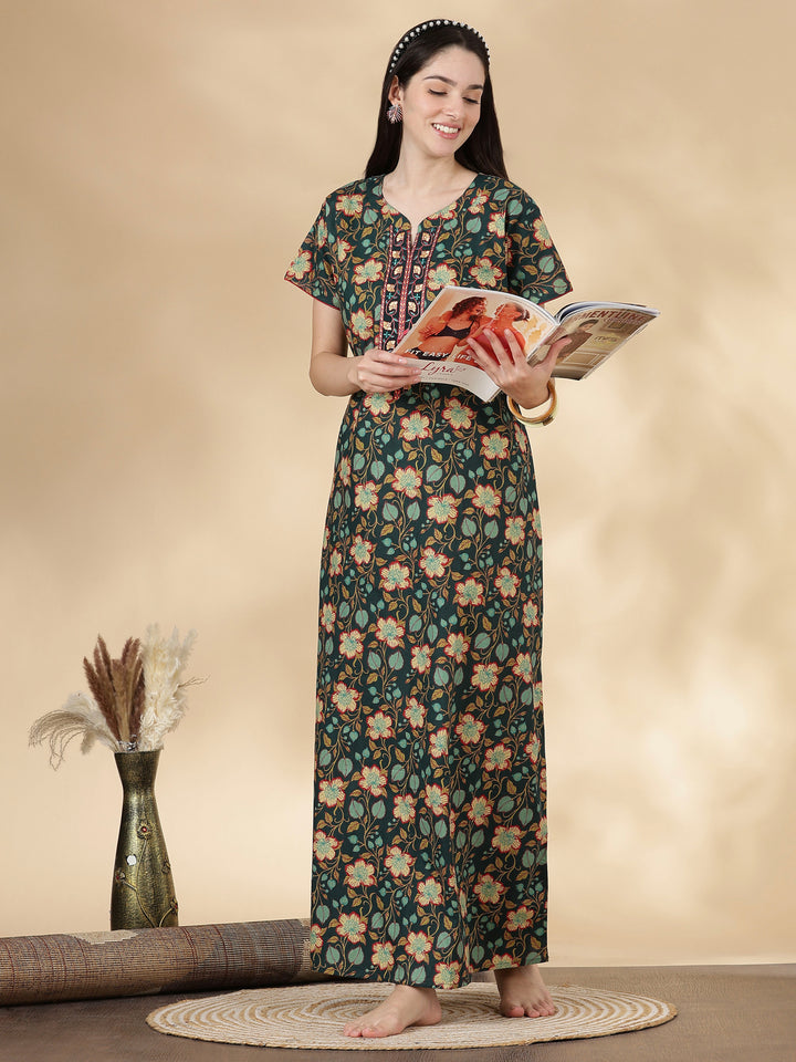 Green floral branded pure cotton nighty for women