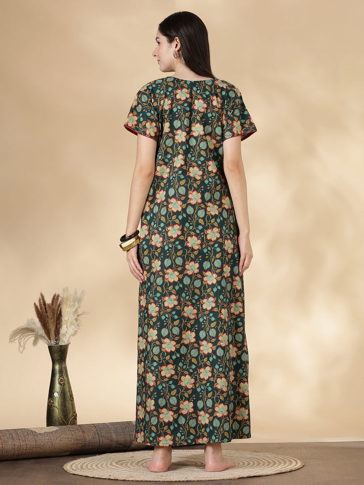 Green floral branded pure cotton nighty for women