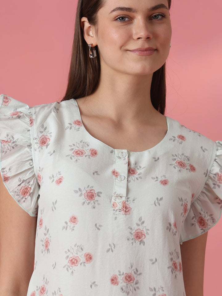 Rosy sage rose motif short nighty for women online