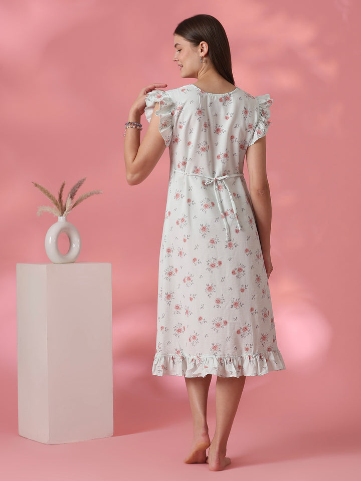 Rosy sage rose motif short nighty for women online