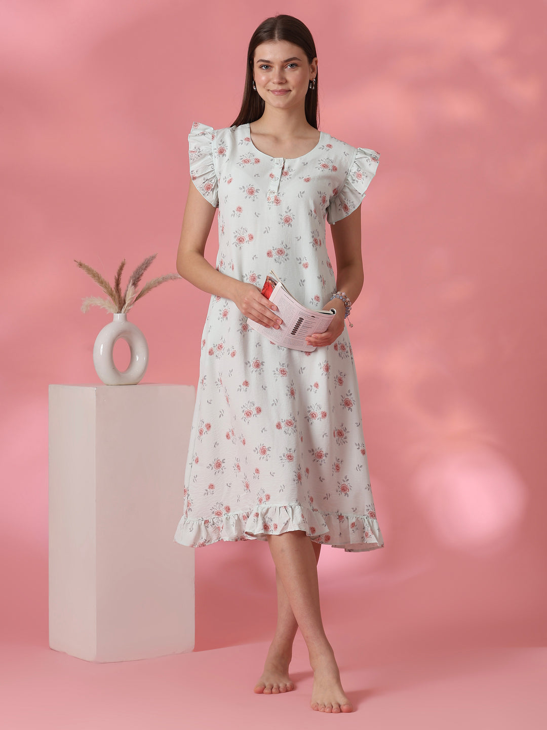 Rosy sage rose motif short nighty for women online
