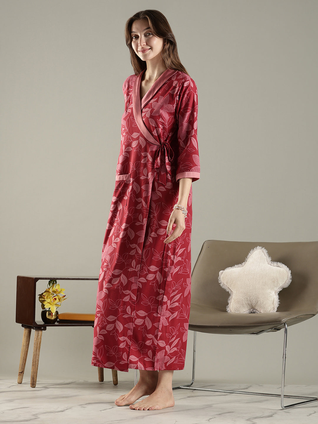 Brick red floral wrap house coat for women in soft viscose blend