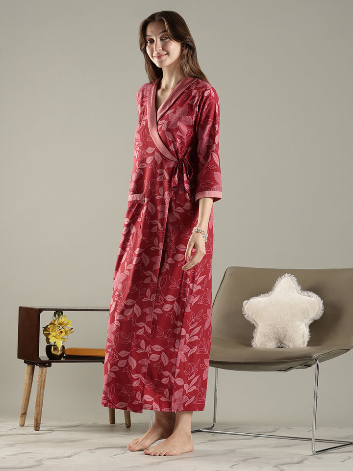 Brick red floral wrap house coat for women in soft viscose blend